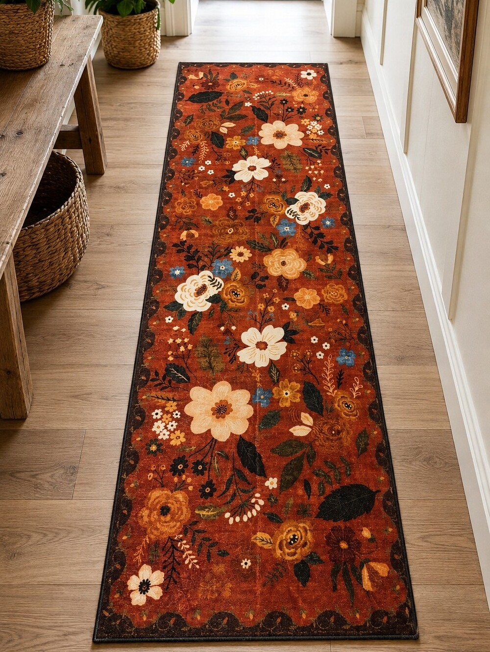 Burnt Orange Floral Runner Rug 24” x 72” Boho Cottage Botanical Multicolor